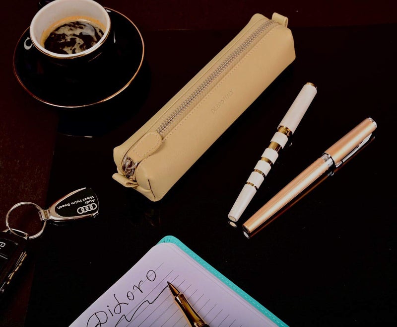 DiLoro Leather Zippered Fountain Ballpoint Rollerball Pens and Pencils Case Holder Pouch Genuine Full Grain Soft Nappa Leather (Beige) - Image 5